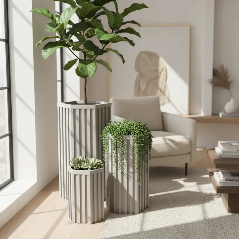 Pot de fleurs hexagonal en forme de colonne - gris-brun, aluminium léger pour une performance à long terme, ouverture de drainage prédécoupée, finition de ton de bois moderne, profondeur de plantation réglable, 9,13 po de largeur, 9,83 lb