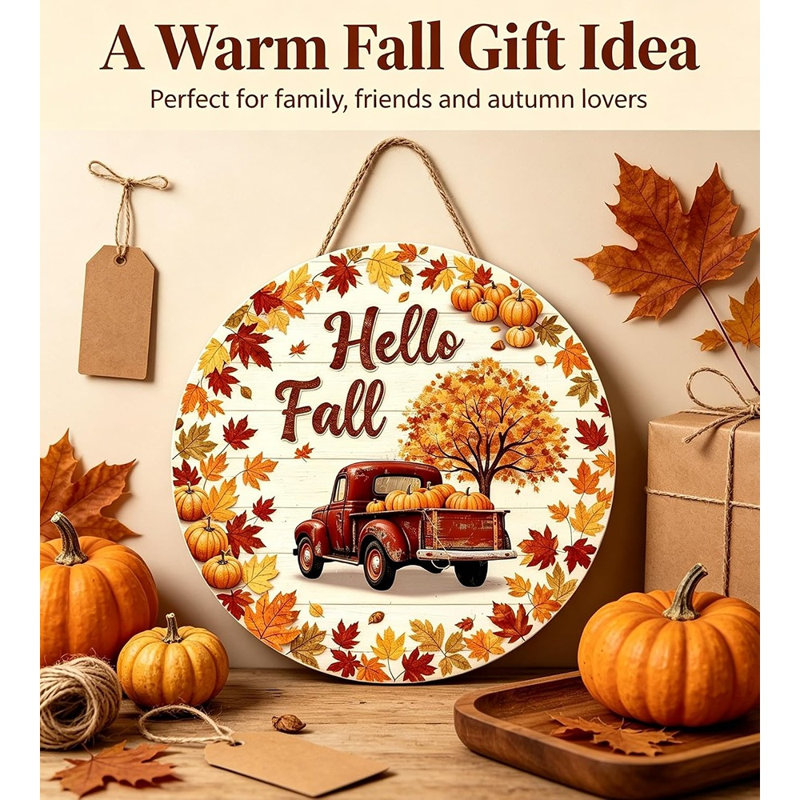 Panneau de porte en bois « Bonjour l'automne » – Décoration rustique avec citrouille et citrouille – Décoration pour porte d'entrée, style ferme et Thanksgiving