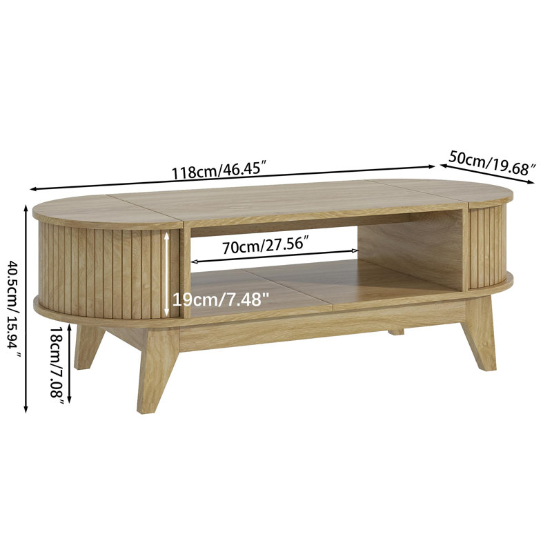46.45" Oval Shaped Coffee Table With Storage, Fluted Accent Table For Living Room, Wood