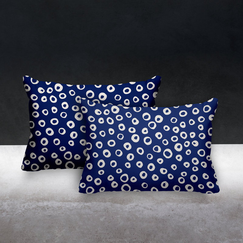 Oreiller carré intérieur / extérieur à pois Tanta, Bleu marine