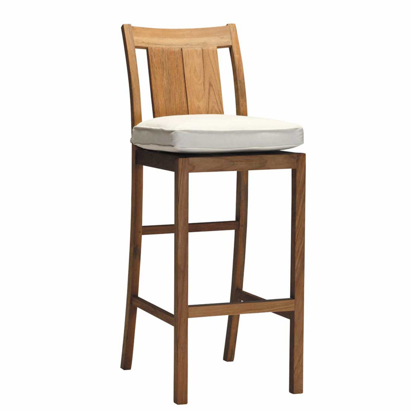 Croquet 30" Patio Bar Stool with Cushion, No Welt, Natural Teak, Rollo Lace InsideOut® Linen