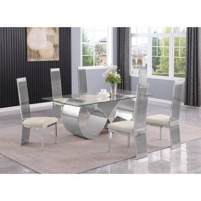 High Class Dining Set With Clear Glass Table And Stainless Steel Frame
