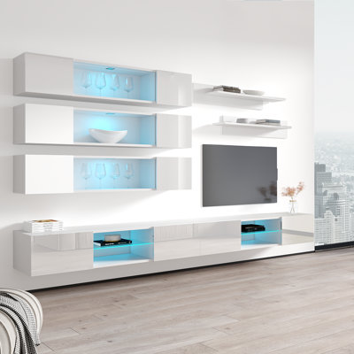 Levingston 126" Modern Floating Wall Mounted Entertainment Center with 16-Color LED Lighting, High Gloss Finish