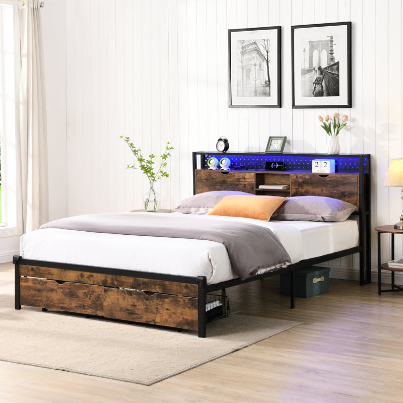 King Size Metal Bed Frame With Wooden Headboard & , 2 Drawers, Charging, Led Lights, No Box Spring, Straightforward Assembly Method Technique, 17.72In Package Width Platform Frame, Easy Assembly,