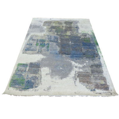 Tapis oriental moderne gris / vert / bleu / jaune noué à la main avec motif abstrait en laine / soie