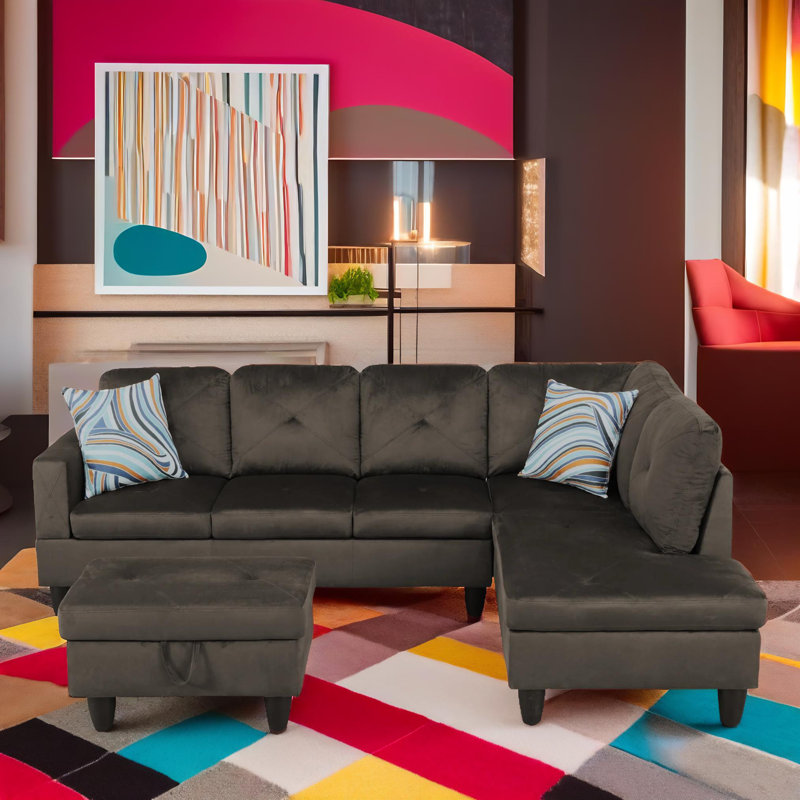 103" Verona Gray Flannel 3-Piece Right Facing Sectional Sofa Set With Chaise And Storage Ottoman, Right Hand Facing