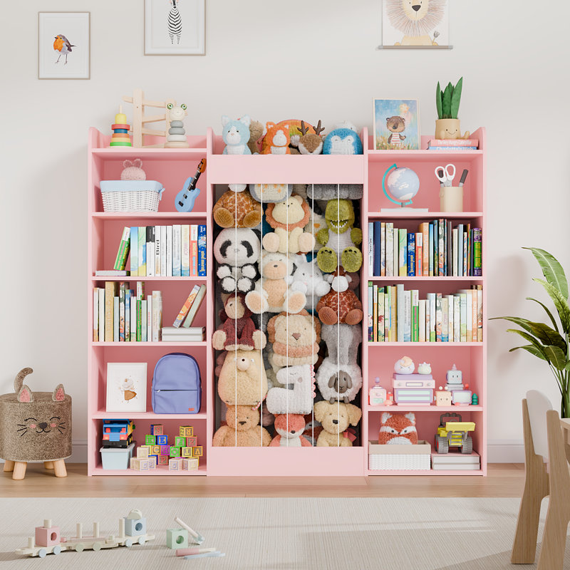 63"W Kids Bookshelf with Toy Storage,12 Open Storage Cabinet with Stuffed Animal Storage,Kids Book Storage for Playroom, Kids Room, Living Room(Pink)