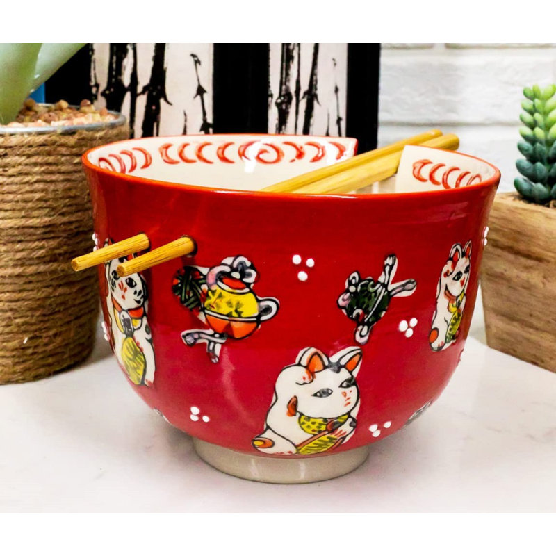 Ensemble de bol décoratif en porcelaine colorée avec des baguettes en bambou Maneki Neko Trinx