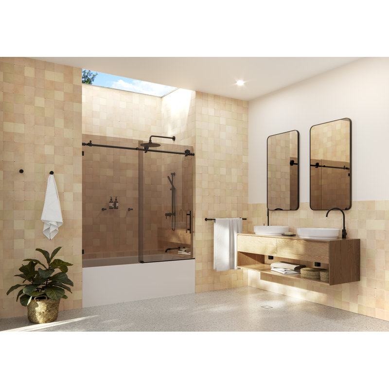 Equinox 56 - 60 in. x 60 in. Fully Frameless Bronze Tinted Sliding Bathtub Door, Black