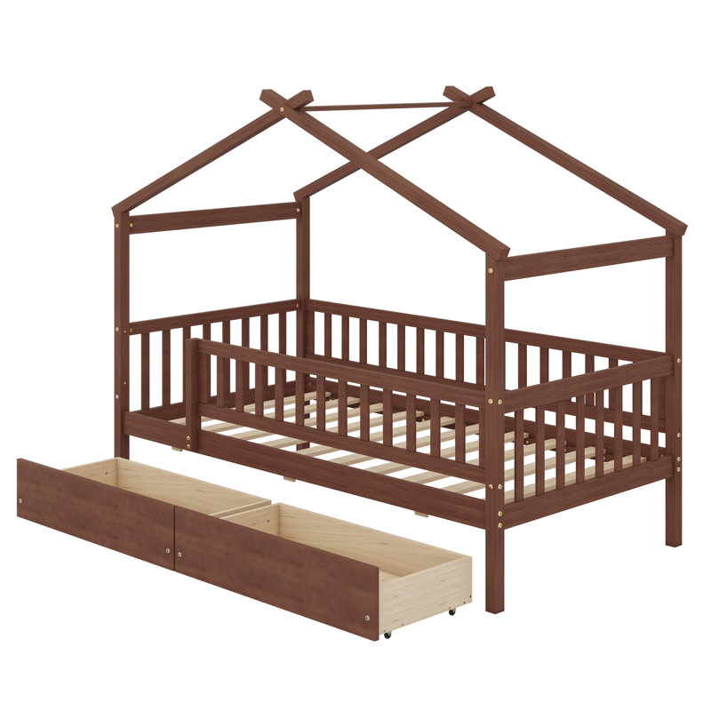 Lit en bois avec deux tiroirs, Noyer