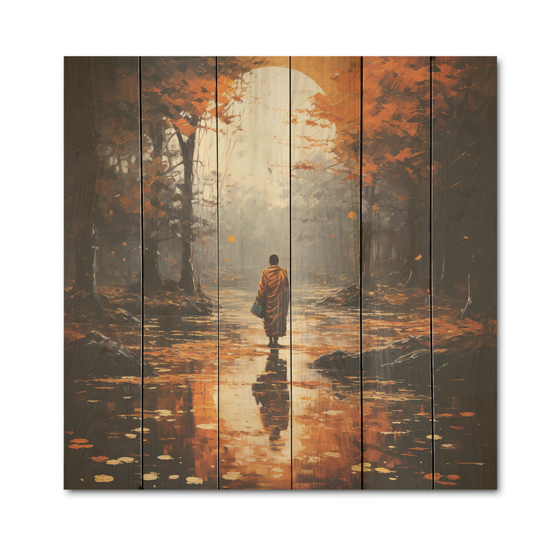 Dharma Path - Buddhism Wood Wall Art On Natural Pine Wood, 30" H x 30" W