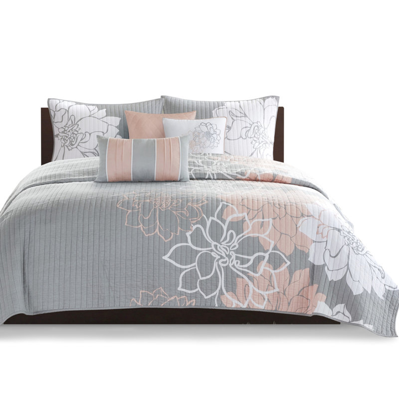 Courtepointe en coton imprimé 6 pièces, gris / pêche, double / grand, réversible, motif floral, rembourrage doux, pièce de coussins décoratifs avec coussins, coton, conception réversible, literie chaleureuse et tendance