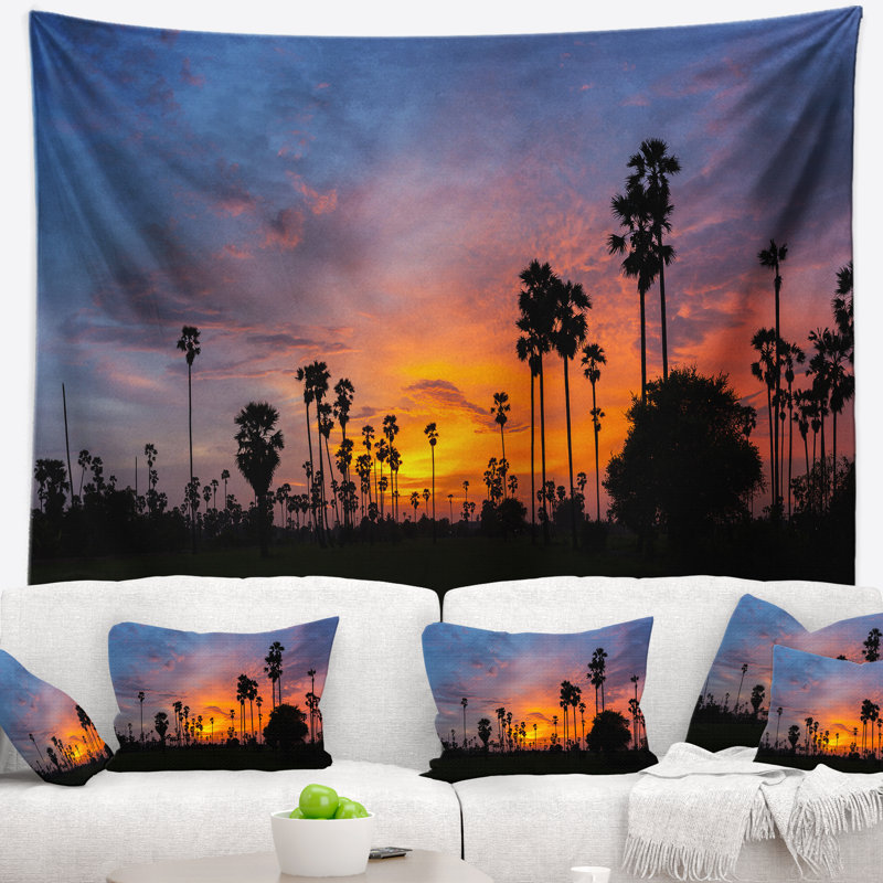 Tapisserie silhouette d’arbre de palmier à sucre paysage, H 68 po x l 80 po