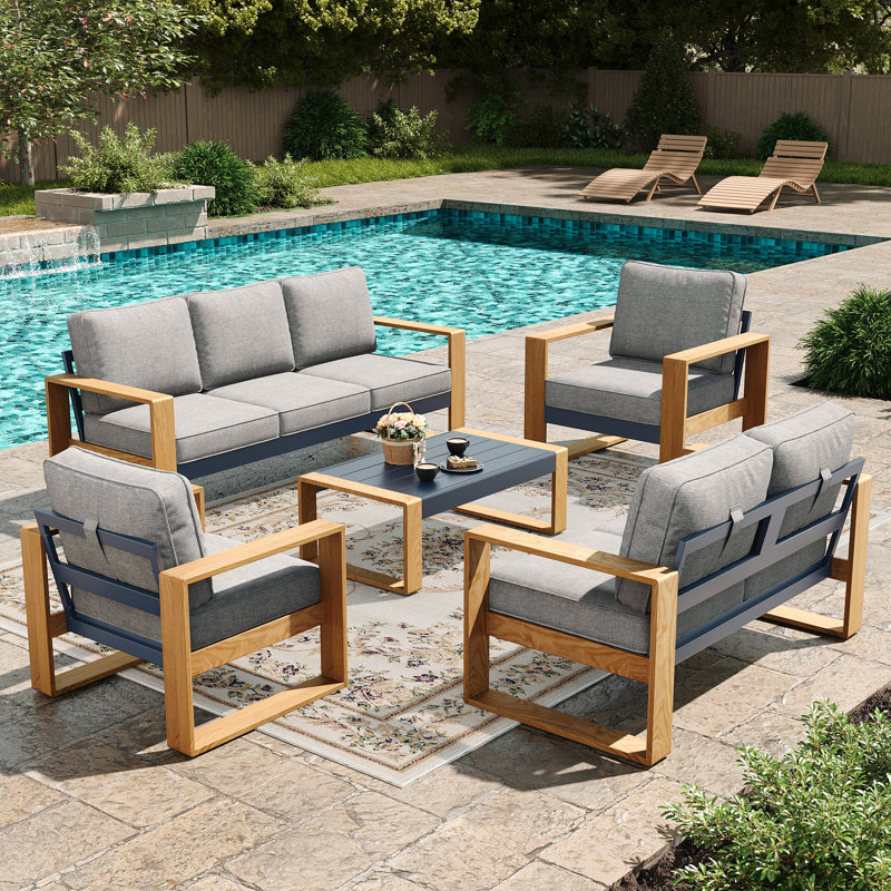 Modern Aluminum 5-piece Patio Conversation Set With Cushions,outdoor All Weather Furniture Set, Light Grey