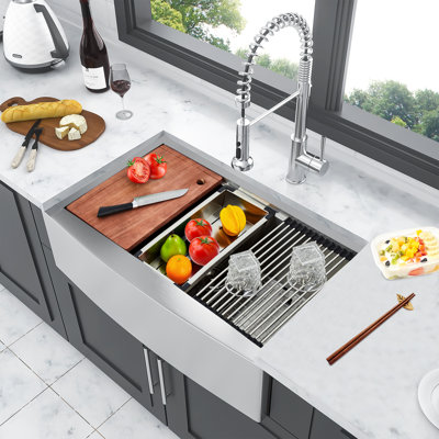 33" Farmhouse Kitchen Sink with Ledge Workstation 304 Stainless Steel Single Bowl Sink Basin with Accessories