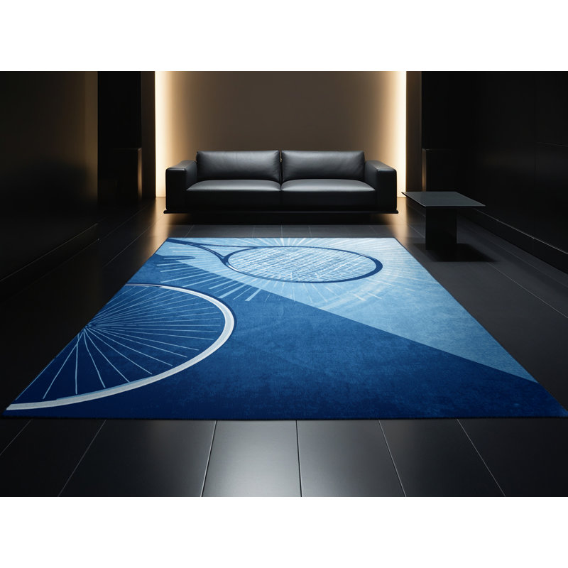 Machine Washable Auburndale Wheelchair Tennis Modern & Contemporary Rug in Blue – Navy Binding, 5x8