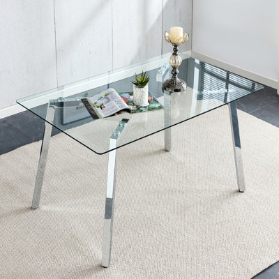 Glass Dining Table Modern Minimalist Rectangular For 4-6 With 0.31" Tempered Glass Tabletop And Plating Metal Legs, Writing Table Desk, For Kitchen Dining Living Room, 51" W X 31"D X 30" H