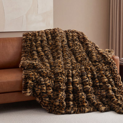 Jeté en fausse fourrure pour canapé - molleton moelleux et moelleux brun léopard, couverture moelleuse moelleuse pour canapé et lit, jeté 50 po x 60 po