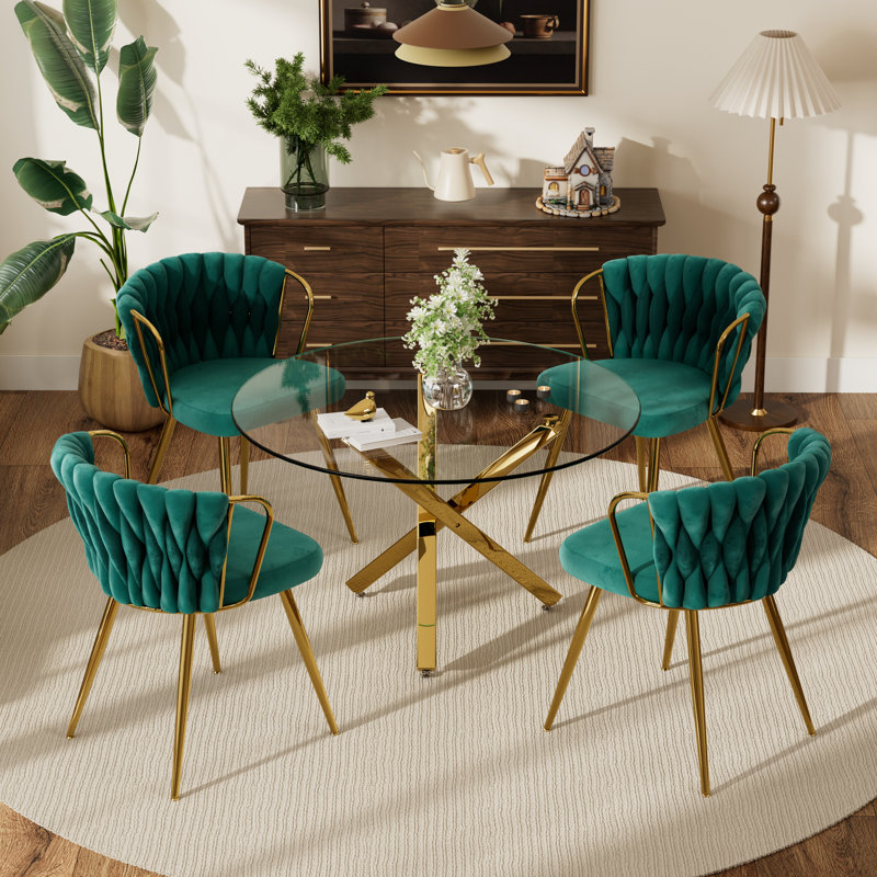 Ensemble repas rond, 5 pièces: table, 4 chaises, Vert, Doré