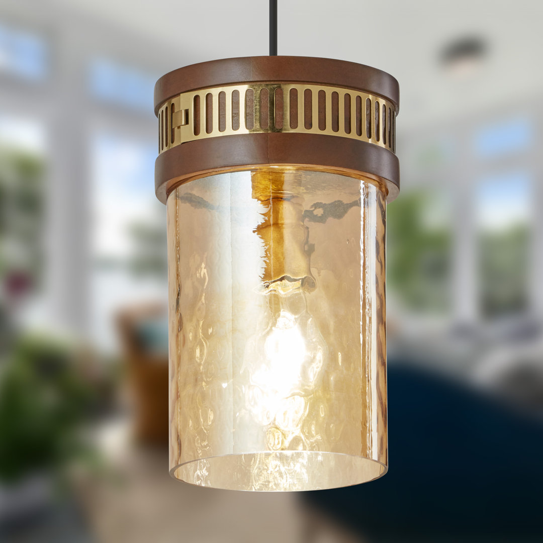 Latavious 6.5"W 1-Light Gold Pendant Light with Textured Glass Brown Mango Wood & Glass Shade Ebern Designs