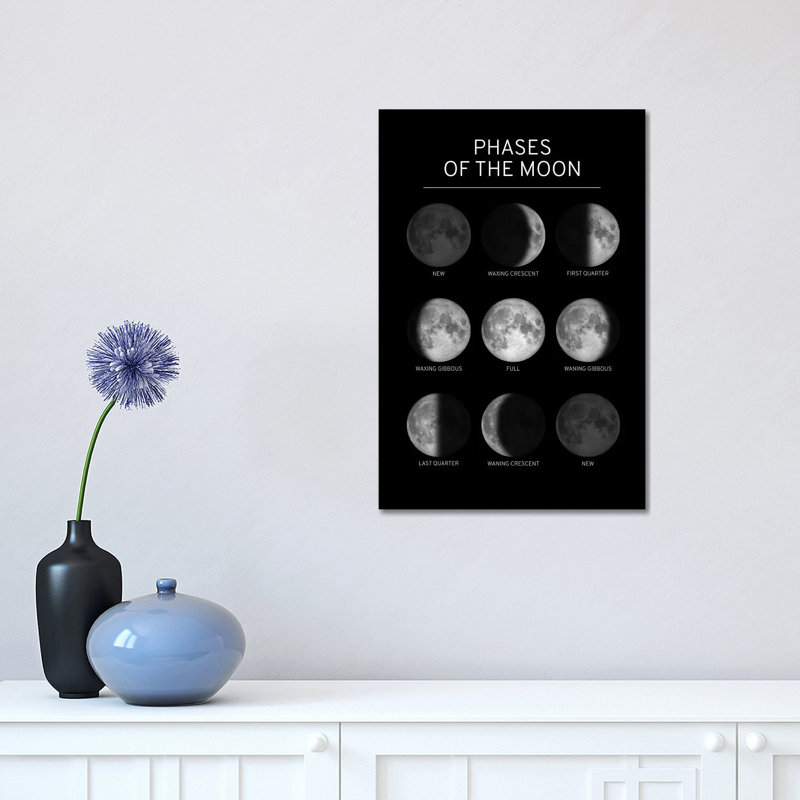 Phases of the Moon Chart - Black 1 Piece Wrapped Canvas Wall Art, 30.48 cm H x 45.72 cm W