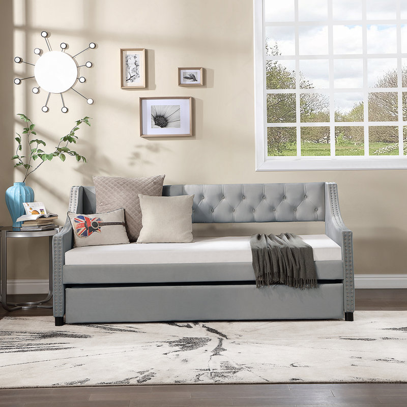 Upholstered Daybed with Trundle, Wood Frame with Tufted Buttons and Copper Nails, Light Grey