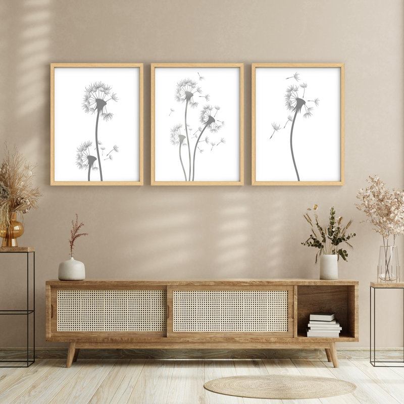 Ensemble de reproductions d'art encadrées, Windy Duotone Dandelion Plant Silhouettes, H 14 po x l 11 po, Naturel