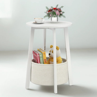 Round End Table With Storage Basket - 2-Tier Modern Side Table For Small Spaces, Sturdy Metal Frame & Adjustable Feet, Nightstand For Living Room, Bedroom, Or Sofa