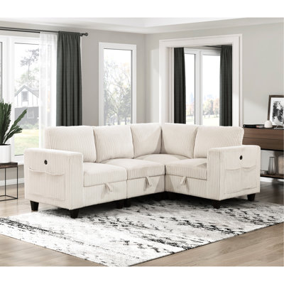 Beige Corduroy Fabric Sectional With Corner Seat Storage & Electrical Charging Modern Living Area End Ports