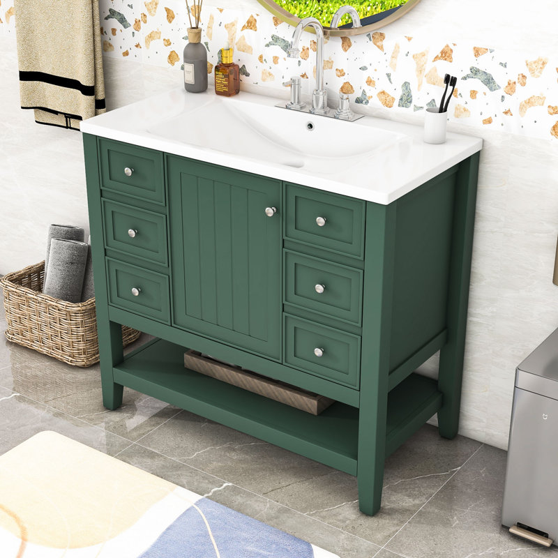Wood Single Bathroom Vanity with Ceramic Sink and Multi-Functional Storage, Green