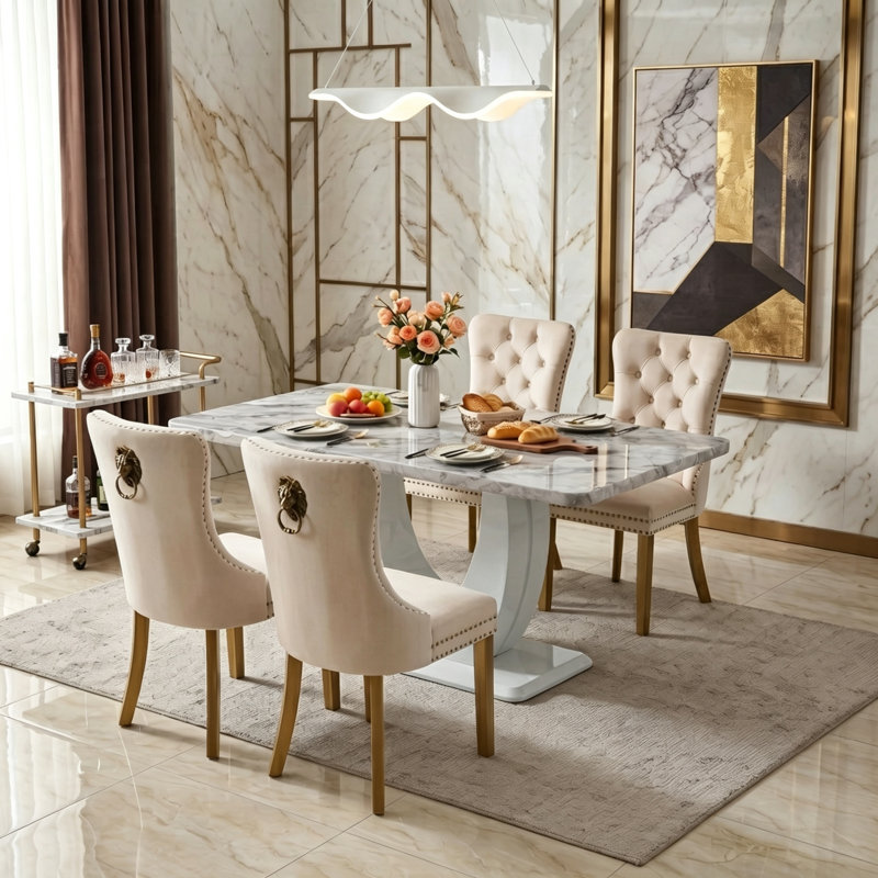Modern 5-Piece Rectangular Faux Marble Dining Set with Upholstered Chairs, Beige