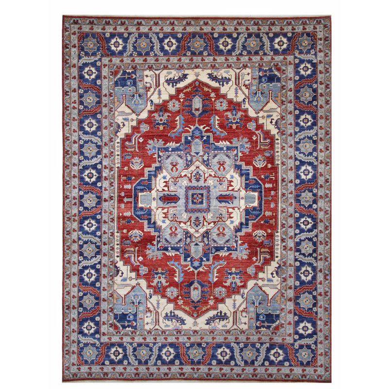 Hand Knotted Wool Area Rug in Red And Navy