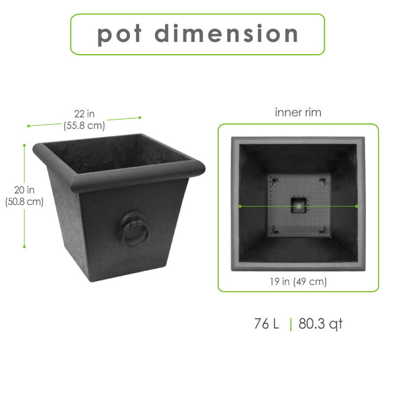  Grand pot de fleurs intérieur / extérieur à arrosage carré 23 po x H 20 po Piazza