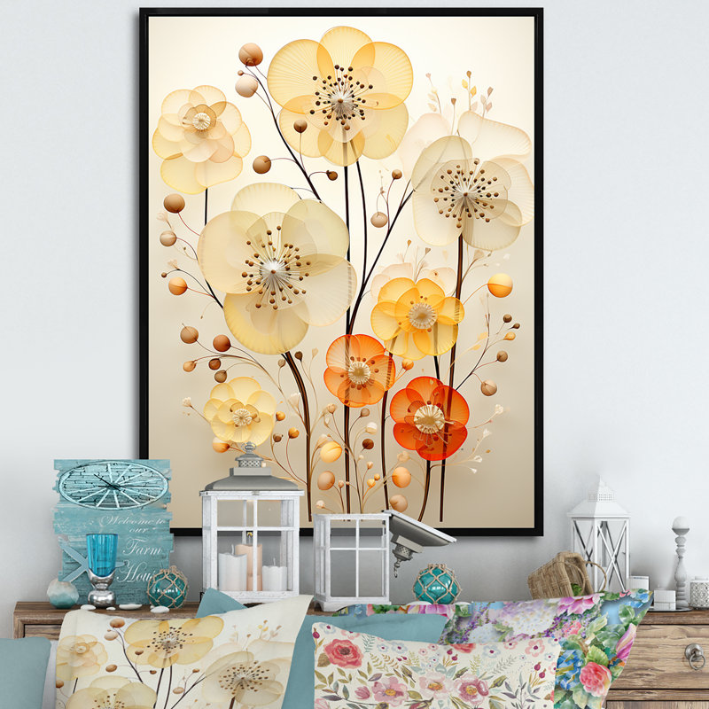 «Yellow Flora Fantasy - Botanicals», art mural, Cadre flottant noir, H 40 po x l 30 po x P 1,5 po