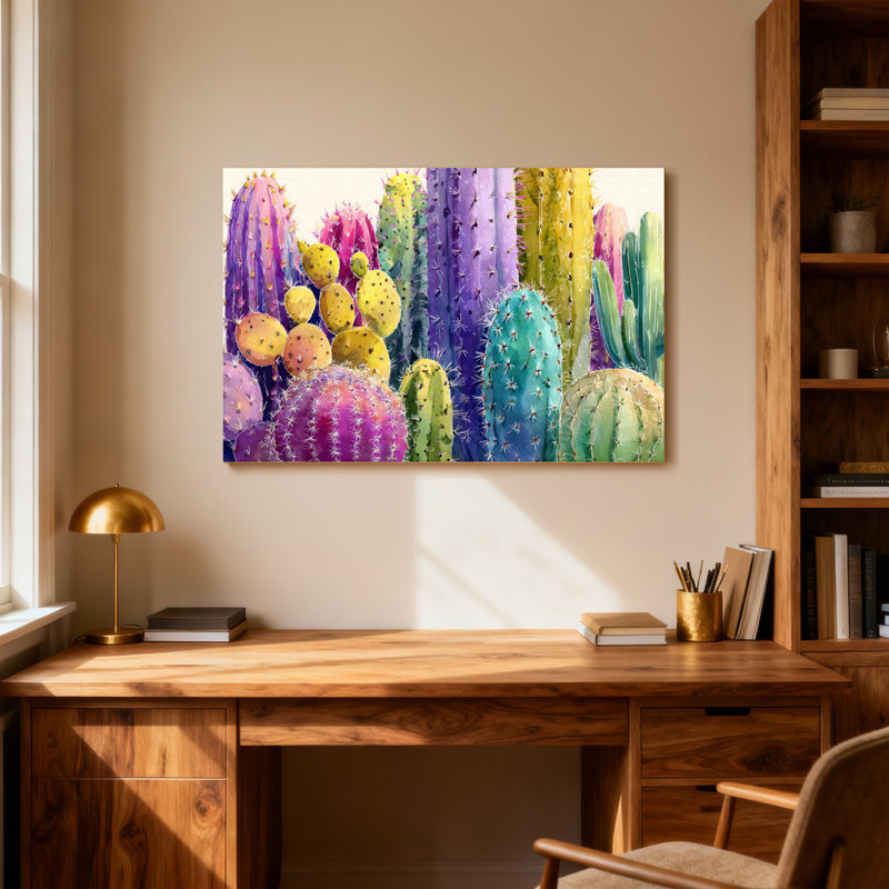 Plantes et fleurs, motif de cactus colorés, H 24 po x l 36 po