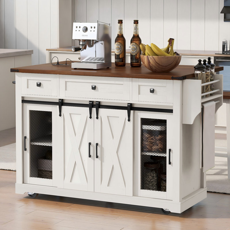 This White Retro-Style Kitchen Countertop Features Ample Storage Space, A Barn Door With A Metal Mesh Door, And Is Fully Functional And Suitable For Home Use.