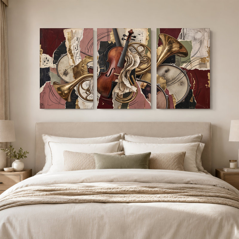 Ensemble de 3 impressions sur toile violon et cuivres sur papier déchiré, H 18 po x l 12 po x 3 pièces