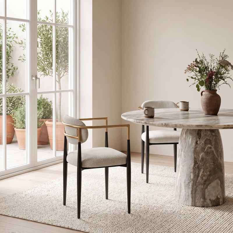 Ackley Modern Upholstered Dining Chair, Beige Boucle Accent ArmChair 2 Piece Set