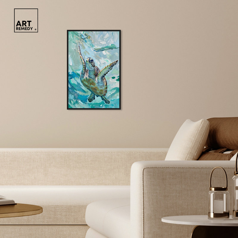 "Art Remedy Serene Turtle", art mural sur toile 1 pièce, H 25 po x l 17 po, Encadrement doré