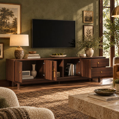 78 Inch Rattan TV Stand for 85 Inch TVs with 2 Drawers Concealed Storage and Beveled Edges