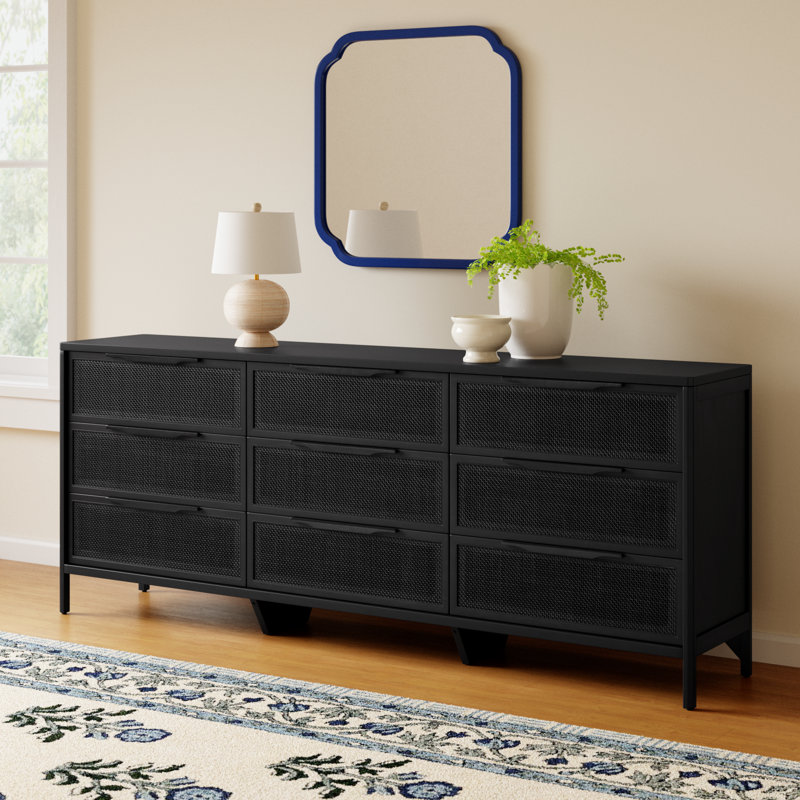 Nellie 9 Drawer Cane Dresser, Black
