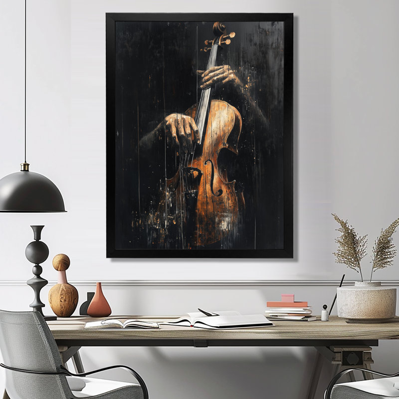 Violoncelle dans l'ombre - Affiche encadrée musicale, H 32 po x l 16 po, Cadre photo noir