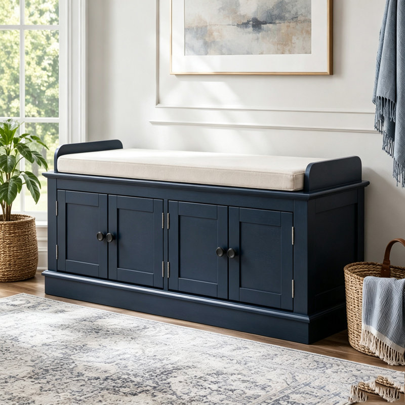 Banc de rangement avec 4 portes et tablettes réglables, Bleu marine antique