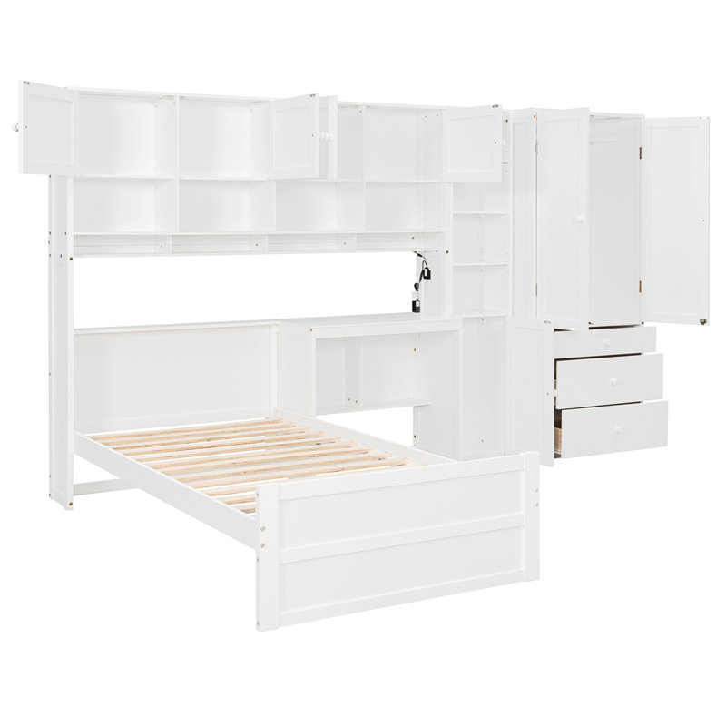 Lit plateforme simple en bois avec bureau, garde-robe, armoires, tiroirs et tablettes intégrés en blanc