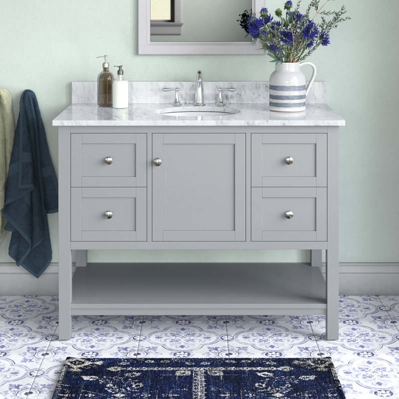 42 " W Freestanding Standard Free Standing Single Double Single Vanity Bathroom Vanity With Genuine Marble Top, Gray