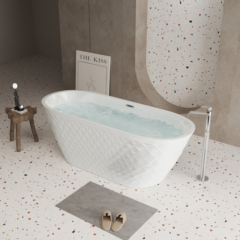 59'' acrylic freestanding bathtub with unique diamond pattern design: spacious oval shape