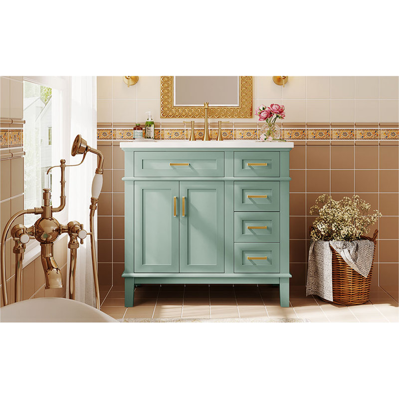 Meuble-lavabo de 36 pouces avec lavabo en résine, armoire de salle de bain moderne avec deux portes à fermeture douce et quatre tiroirs
