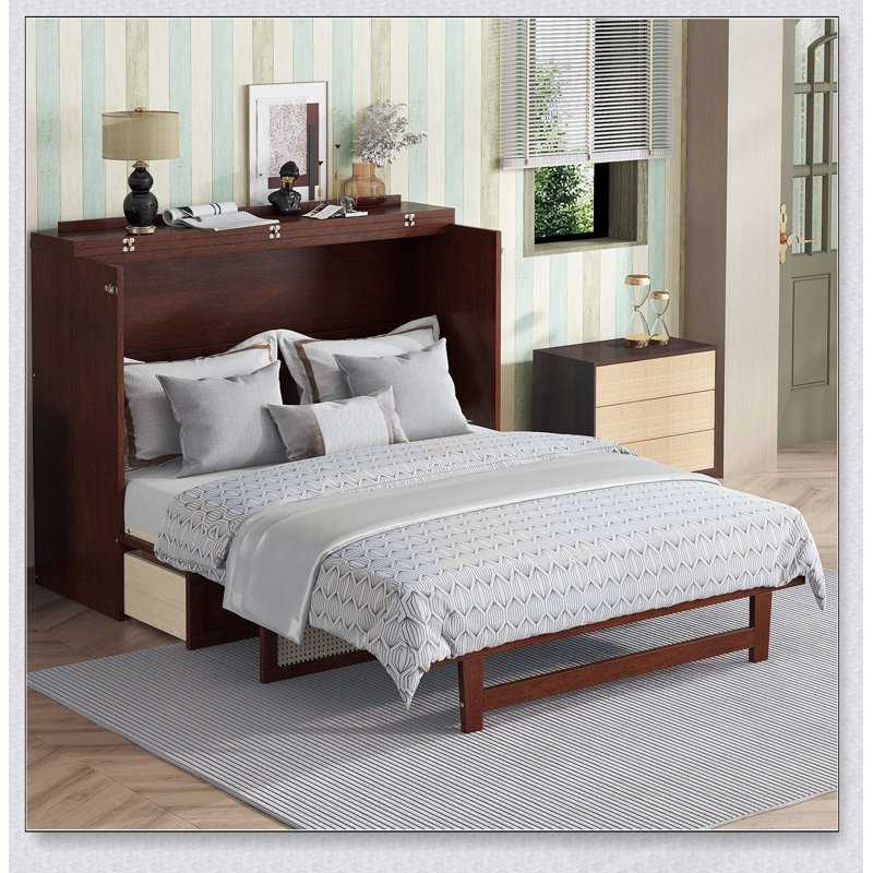 Grand lit escamotable avec rangement et rangement en rotin, armoire de rangement en bois de pin élégante et peu encombrante