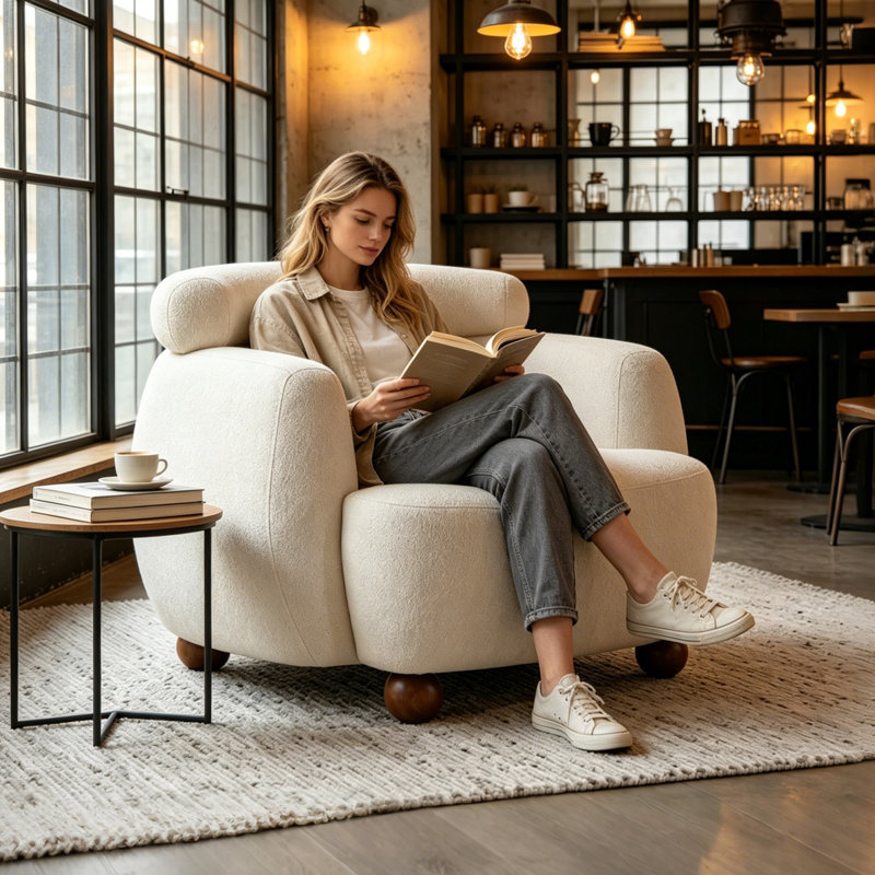 Amoban 38.00"W White Chenille Upholstered Barrel Accent Chair with Pillow, Rounded Armrests., White Chenille