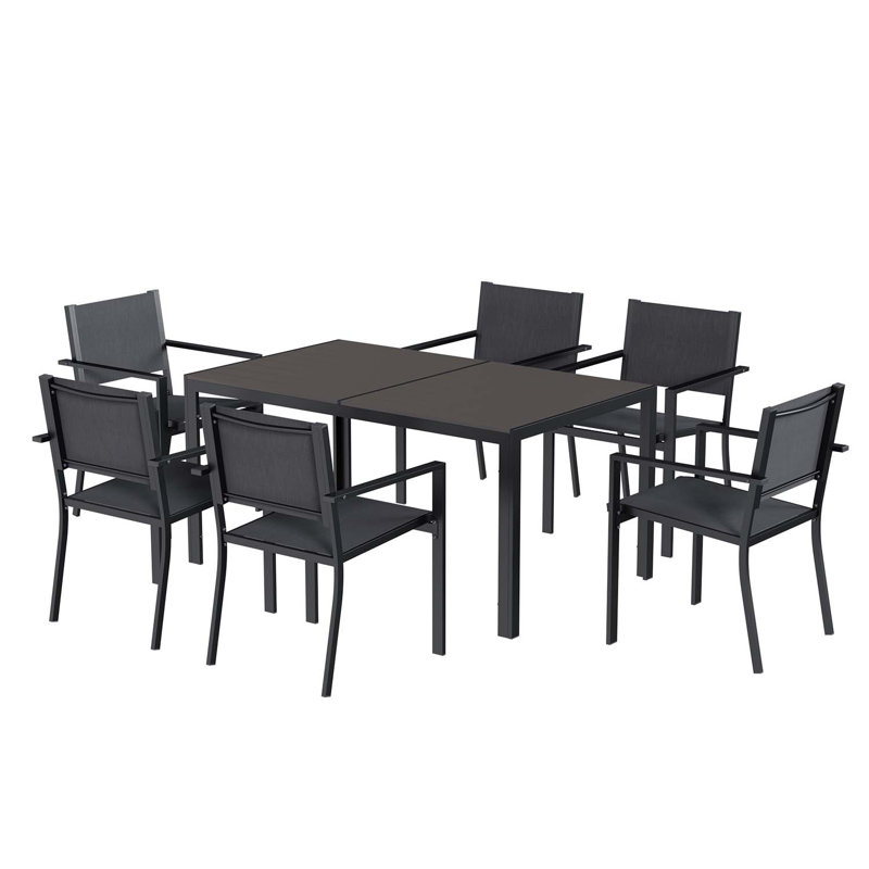 Ensemble repas pour 6 personnes, table rectangulaire en métal et 6 chaises empilables avec accoudoirs, Gris foncé / Noir